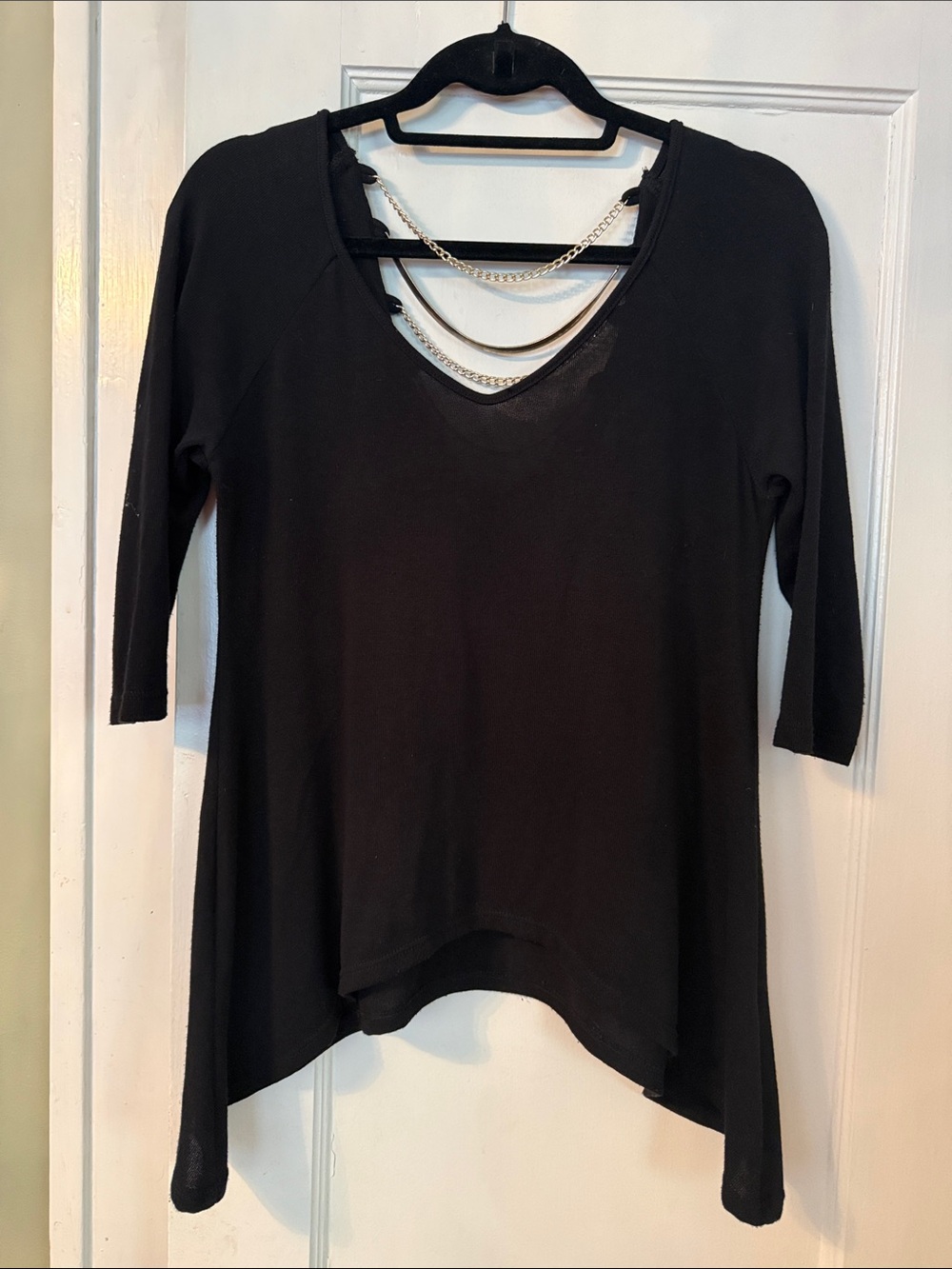 Cache Black V-Neck Women’s Top With Chain-Detail Across The Back